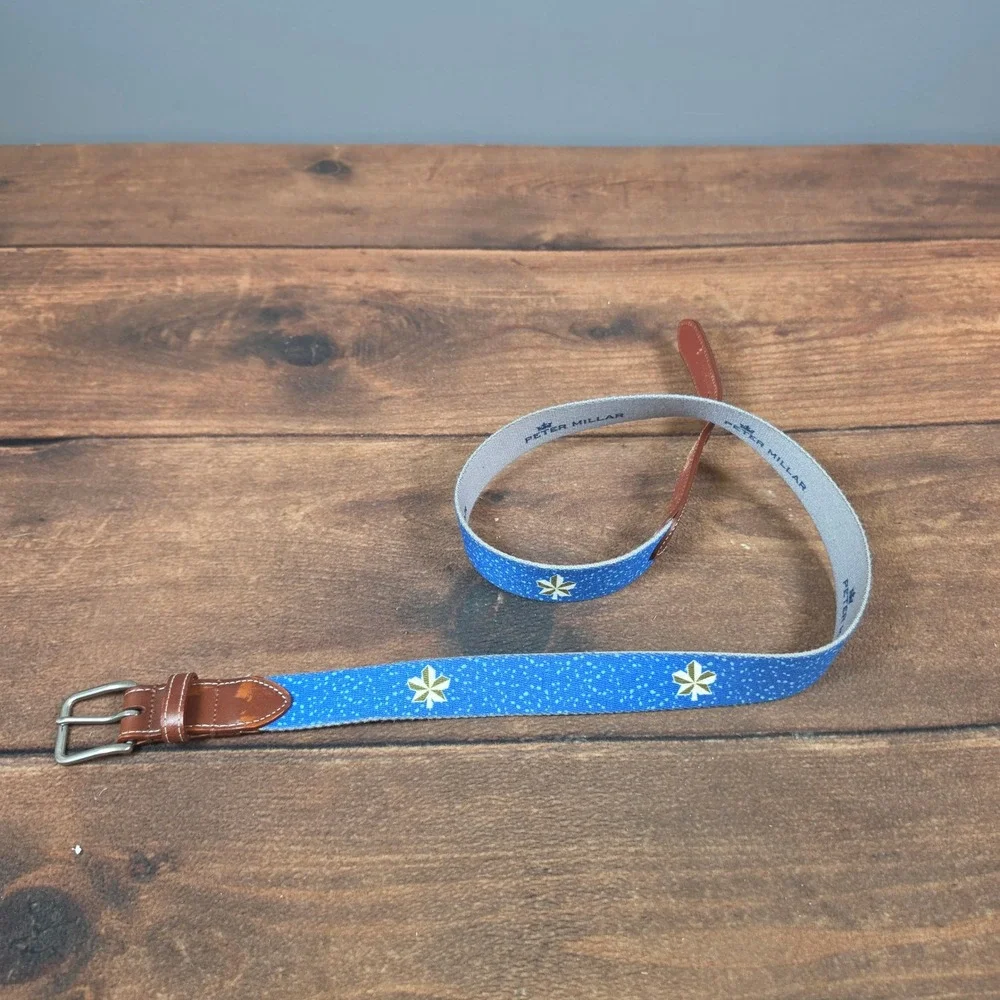 Peter Millar Canvas Belt Mens 40 Blue Good Embroidered Leather Trim